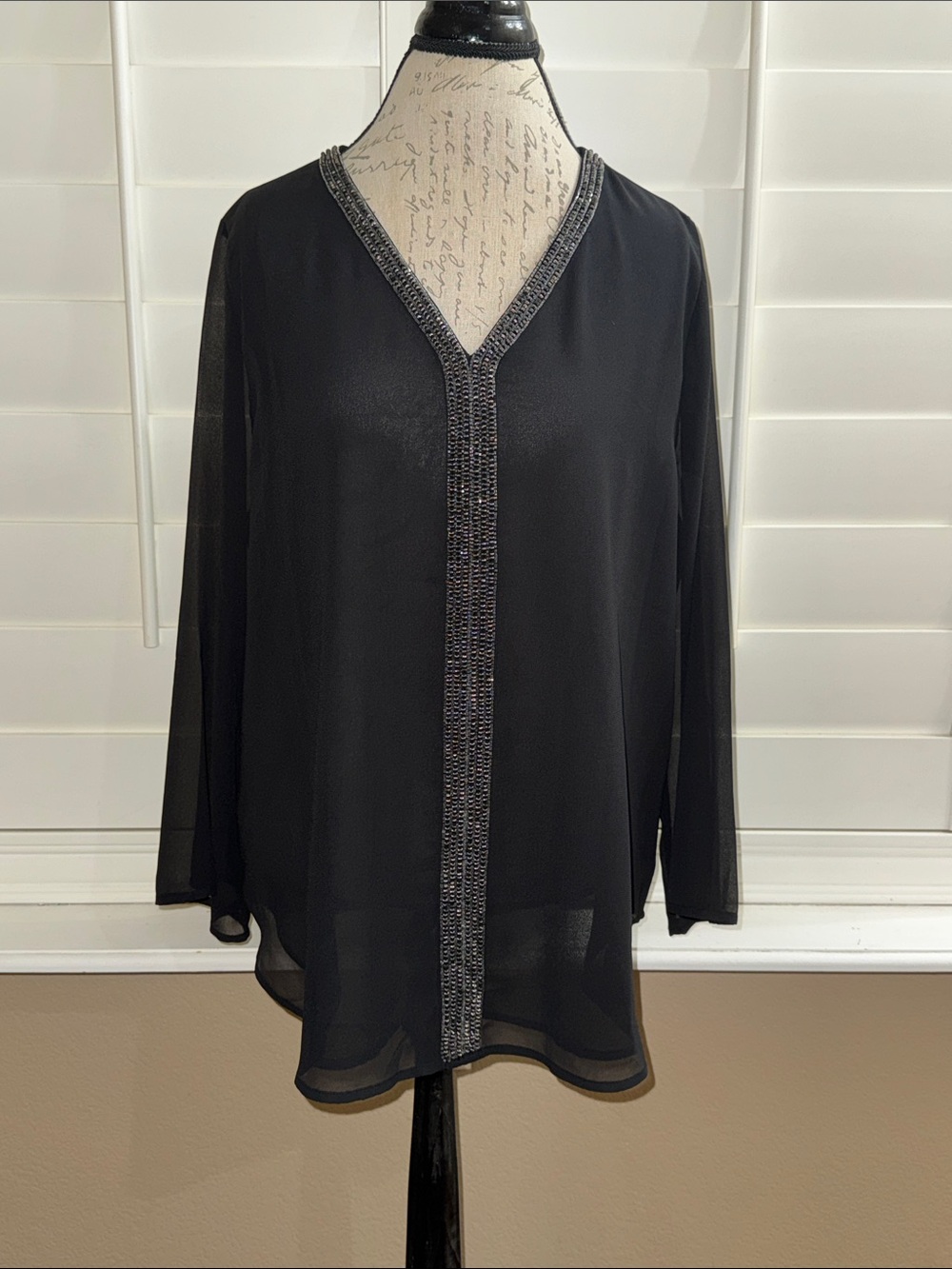 Soft Surroundings Kira Beaded Chiffon Tunic Blouse Black